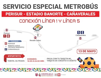Infografía del servicio especial de Metrobus Perisur - Estadio Banorte - Cañaverales. Muestra ruta, paradas, conexiones L1 y L5, tarifa, horario y métodos de pago