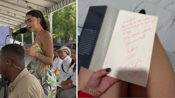 Muñoz compartió dos imágenes en las que aparece junto al expresidete, además de la dedicatoria que le hizo Petro en un libro - crédito @gabymunozz_/X
