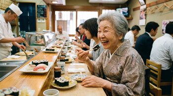 Mujer mayor come sushi con palillos en la barra de un restaurante. Se observan platos de sushi, un chef, otros clientes y utensilios de mesa.