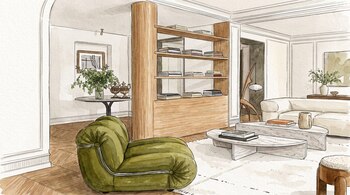 Ilustración acuarela de una sala de estar moderna con sillón verde oliva, sofá crema, dos mesas de centro, estantería de madera y cuadros en las paredes.