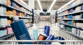Carrito de compras con múltiples frascos y envases de productos, un champú azul en primer plano; pasillo de supermercado con estanterías llenas borrosas.