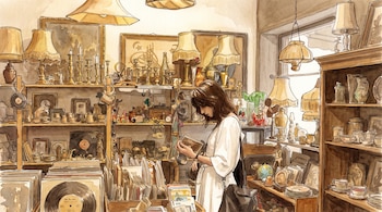 Una mujer con vestido blanco y bolso negro observa objetos en estantes llenos de libros, discos de vinilo, lámparas, candelabros y marcos.