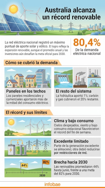 Infografía con ilustraciones de paneles solares, aerogeneradores, torres de alta tensión, una represa hidráulica y baterías de almacenamiento.