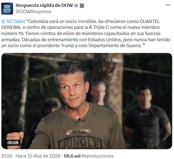 Pete Hegseth: Colombia es el socio estratégico que faltaba para la defensa regional - crédito @DOWResponse/X