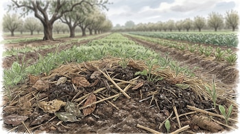 Dibujo de un campo agrícola con suelo cubierto por mulching de hojas y paja. Plantas verdes jóvenes crecen en la tierra húmeda. Al fondo, hileras de cultivos y árboles.