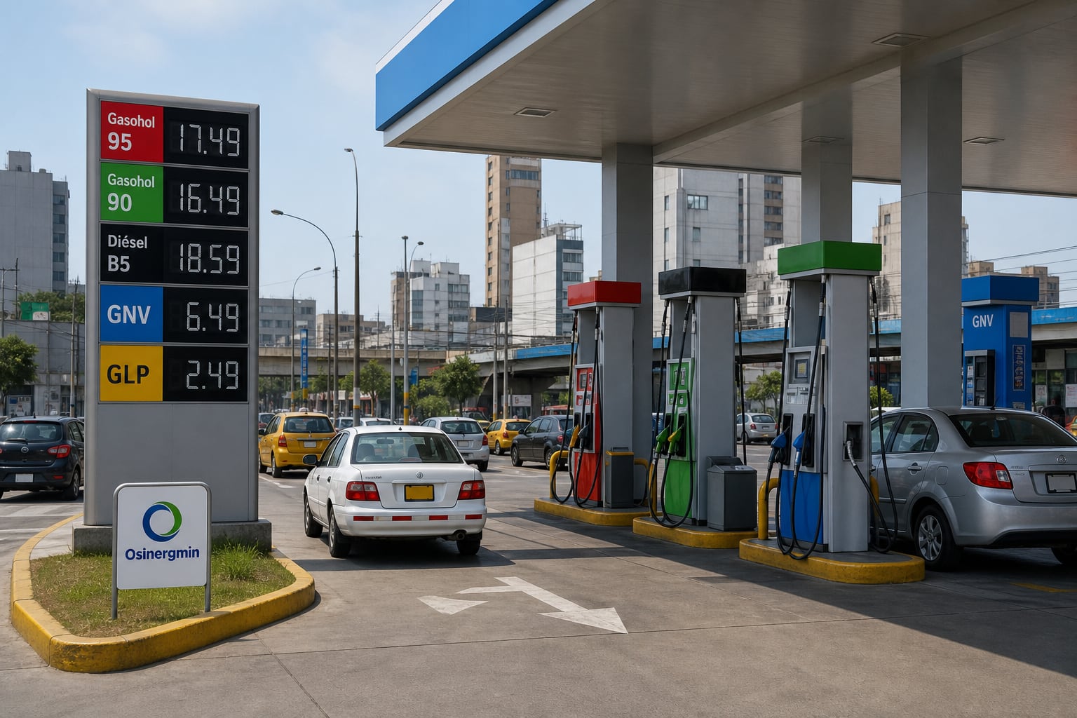 Un panel electrónico en una estación de servicio de Lima detalla los valores de venta de diversos combustibles junto al letrero de Osinergmin. (Imagen Ilustrativa Infobae)