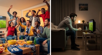 Montaje dividido: grupo de siete personas celebra frente a televisor con partido de fútbol; hombre solo ve partido de fútbol en televisor.