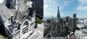 La cúpula derecha de la Catedral de Manizales colapsó y quedó recostada sobre el domo central - crédito Reuters y Google Maps