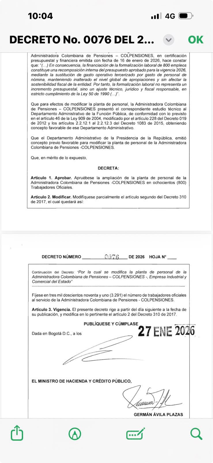 Decreto para abrir 800 nuevos empleos en Colpensiones - crédito @AlvaroUribeVel/X