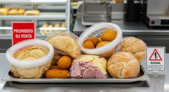 Bandeja de acero con alimentos de cafetería en bolsas plásticas: empanadas, croquetas, jamón, queso y pan de bono. Carteles "prohibido su venta" y alerta sanitaria.
