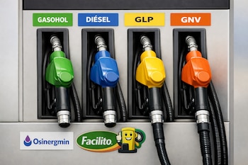 Boquillas de combustible para gasohol, diésel, GLP y GNV; verde, azul, amarillo y naranja. Se observan los logotipos de Osinergmin y Facilito.