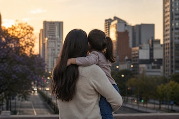 Vista posterior de una mujer con ropa clara que sostiene a una niña pequeña frente a edificios de una ciudad al atardecer.