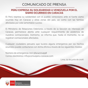 Documento oficial, comunicado de prensa del Ministerio de Relaciones Exteriores de Perú, texto en español, logo del gobierno peruano, información de contacto