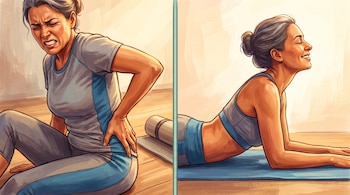 Ilustración en dos paneles de una mujer sujetándose la zona lumbar por dolor y luego recostada boca abajo haciendo un estiramiento.