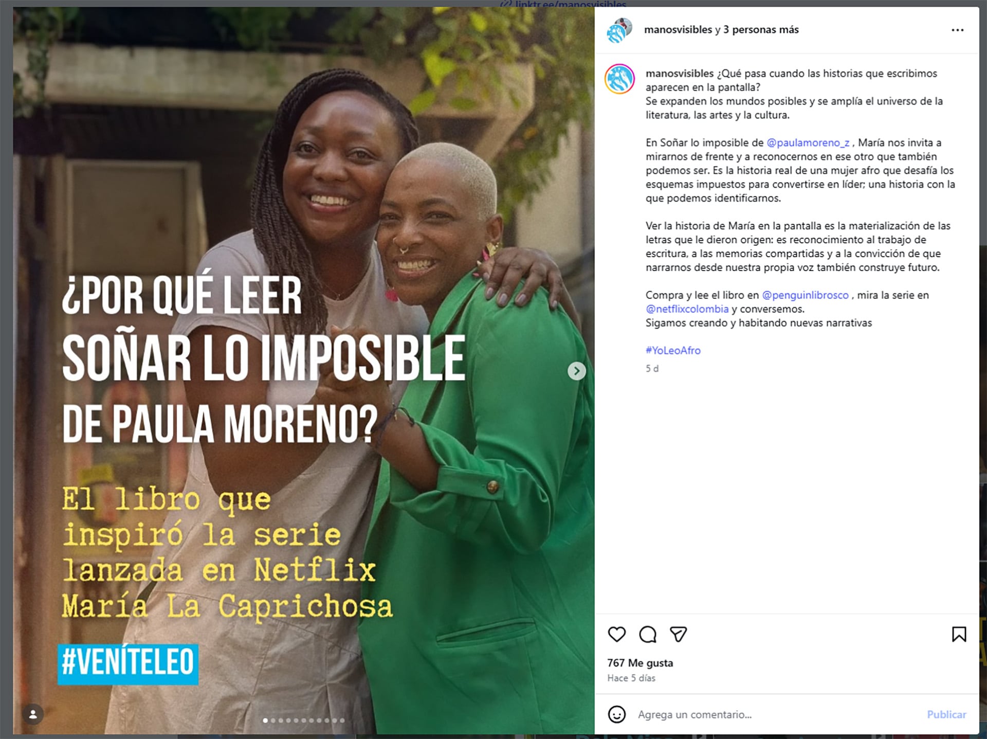 La María Roa de la vida real y Paula Moreno juntas y abrazadas en un posteo de la fundación Manos Visibles que dirige la autora del libro que inspiró la serie