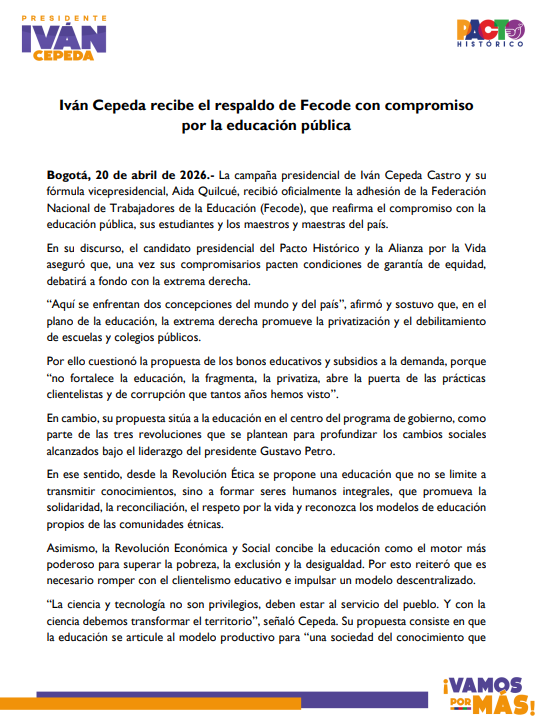 Iván Cepeda criticó la implementación de bonos educativos y subsidios a la demanda, al considerar que “no fortalece la educación, la fragmenta, la privatiza, abre la puerta de las prácticas clientelistas y de corrupción que tantos años hemos visto” - crédito Iván Cepeda