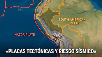 Mapa topográfico de Sudamérica con las placas de Nazca y Sudamericana delimitadas con líneas rojas y un epicentro sísmico marcado en Arequipa.