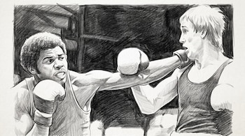 Dibujo a lápiz en blanco y negro de dos hombres con guantes de boxeo en un combate sobre un cuadrilátero.
