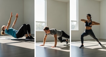 Una mujer en colchoneta elevando brazos, un hombre en posición de gateo y una mujer con kettlebell en zancada con rotación.
