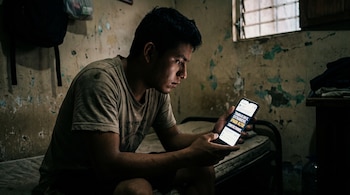 Un hombre joven hispano sentado en una cama, mira un teléfono celular con un anuncio de trabajo en el extranjero en una habitación oscura con pared deteriorada.