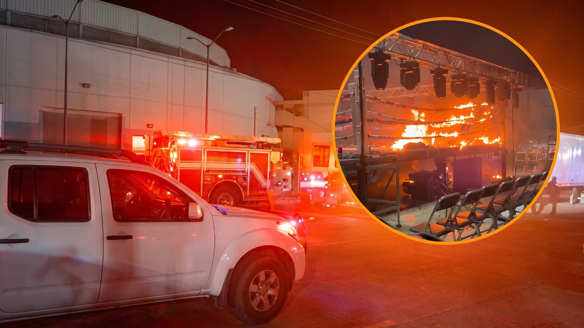 Un camión de bomberos atiende el incendio del ring para el evento de boxeo Noche Suprema en un recinto de Hermosillo. (X)