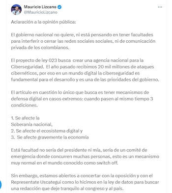 Mauricio Lizcano, ministro de TIC, negó que el Gobierno busque controlar redes sociales o comunicaciones privadas - crédito @MauricioLizcano/X