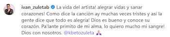 Iván Zuleta recordó las exigencias de la vida artística y expresó apoyo a su primo tras el accidente - crédito @ivan_zuletab/ Instagram