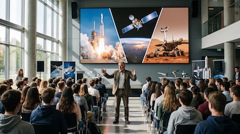 Un hombre expone ante una audiencia joven en un auditorio. Una pantalla grande muestra un cohete en lanzamiento, un satélite y un róver en Marte. Modelos espaciales y ventanales.