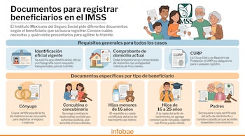 Infografía con texto, logo del IMSS y pictogramas que ilustran los documentos para registrar beneficiarios y una familia.