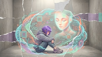 Ilustración de una joven con cabello violeta sentada en el suelo de una habitación gris, rodeada por una nube brillante de circuitos digitales y un rostro de IA sereno en segundo plano.