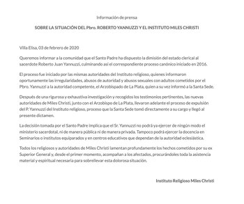 El comunicado que anunció la