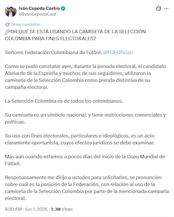 La Federación Colombiana de Fútbol aclaró que, como entidad privada, no puede restringir legalmente el uso de la camiseta en campañas políticas - crédito Iván Cepeda / X