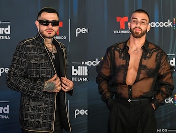 Kapo y Manuel Turizo estuvieron entre la cuota colombiana de presentaciones en vivo durante la gala de los Billboard de la Música Latina 2026 - crédito Giorgio Viera/AFP