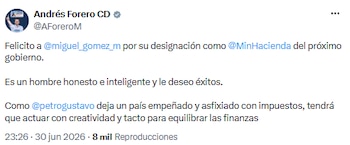 Andrés Forero felicitó a Miguel Gómez Martínez y advirtió sobre los retos fiscales que deja el gobierno anterior - crédito @AForeroM/X
