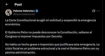 Paloma Valencia, candidata presidencial, atribuyó la suspensión a una solicitud presentada por ella y criticó el manejo fiscal del Gobierno Petro - crédito @PalomaValenciaL/X