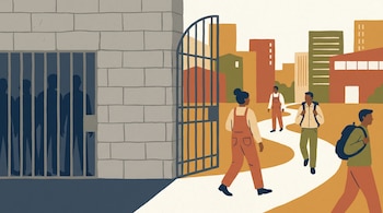 Ilustración plana dividida: izquierda, una celda gris con barrotes y siluetas oscuras; derecha, una ciudad moderna y figuras caminando por un camino, con una puerta abierta en el centro.