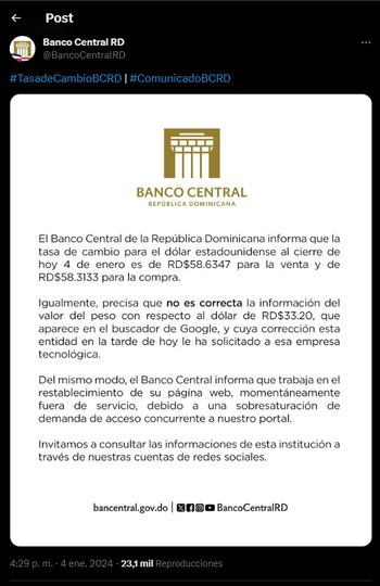 El banco central de República Dominicana aclaró cuál fue el error en la difusión de información equivocada sobre el tipo de cambio. (Red social X)