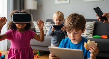 Tres niños, una niña con gafas de realidad virtual, un niño con tableta y sándwich mordido, un niño con teléfono, una mano con otro teléfono y muebles.
