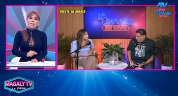 Magaly Medina en pantalla. A la derecha, un hombre y una mujer sentados en un estudio con micrófono. Logos 'Magaly TV La Firme', 'ATV', 'La Linares en vivo'