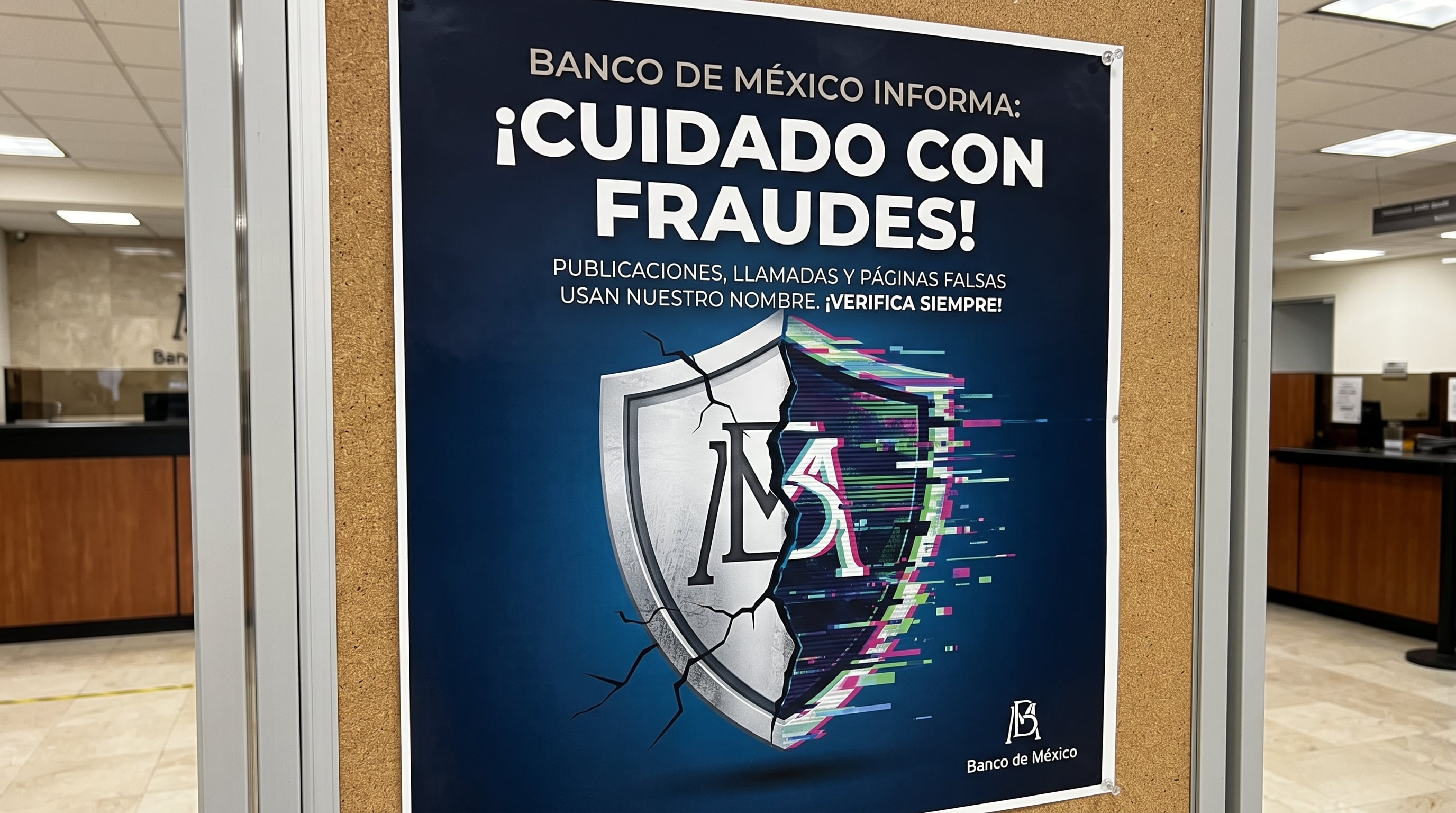Un cartel informativo del Banco de México alerta a la ciudadanía sobre publicaciones, llamadas y páginas de internet falsas que suplantan la identidad de la institución. (Imagen Ilustrativa Infobae)