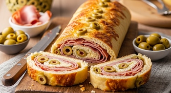 Un pan relleno arrollado y cortado en rodajas con capas de jamón cocido, queso y aceitunas sobre una tabla de madera. Un cuchillo, jamón y aceitunas extra.