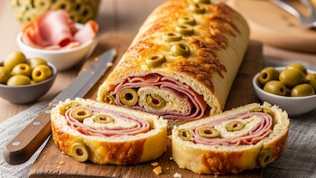 Receta de pan relleno con jamón y aceitunas, rápida y fácil