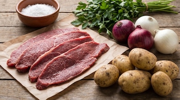 Cuatro bifes de nalga crudos, un tazón de sal, perejil, cebollas rojas y blancas, y papas medianas dispuestas sobre una superficie de madera.