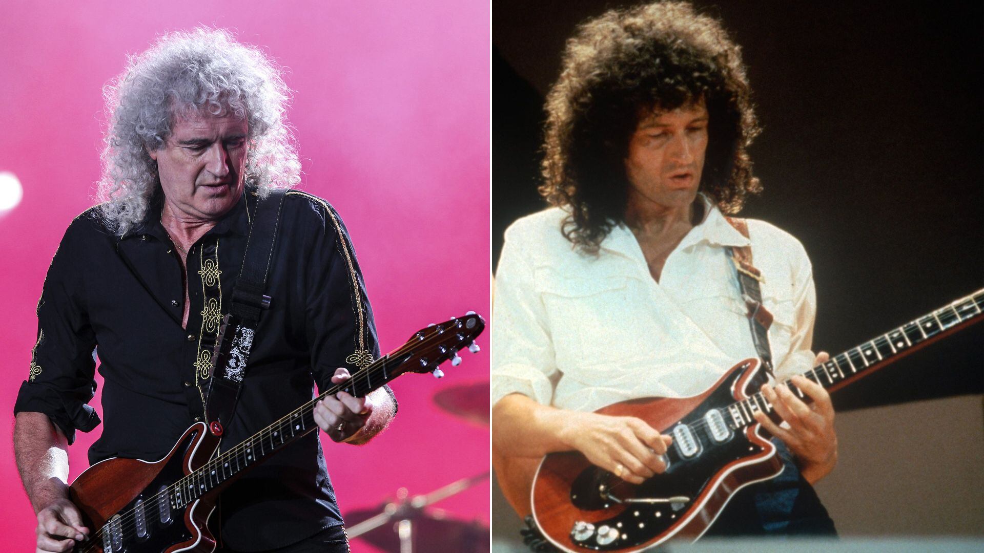 El guitarrista de Queen, Brian May, toca la guitarra en un concierto. (Montaje de Infobae España)