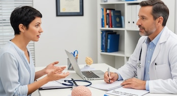 Una paciente con cabello corto oscuro gesticula mientras habla con un médico con bata blanca que anota en un cuaderno en un consultorio médico.