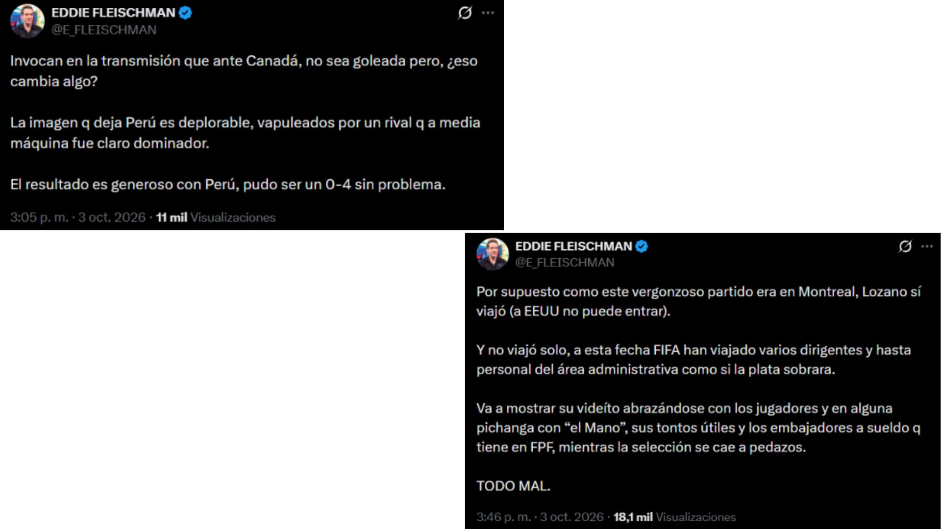 Los tuits de Eddie Fleischman tras la derrota de Perú ante Canadá criticando al presidente de la FPF, Agustín Lozano.