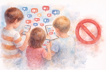 Dos niños y una niña ven pantallas de móvil y tableta. Sobre ellos flotan notificaciones de redes sociales y a la derecha hay un símbolo de prohibición.
