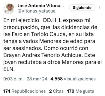 Mensaje de José Antonio Vitonas Yatacue - crédito