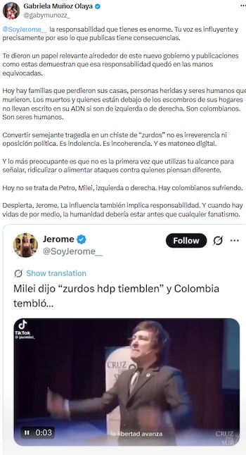 Gabriela Muñoz criticó a Jerome Sandoval por su reacción tras el sismo en Colombia - crédito @gabymunozz_/X