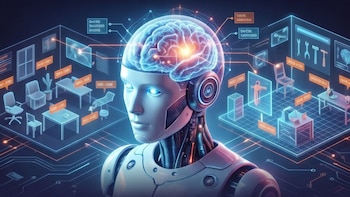 Un robot humanoide de color blanco con un cerebro luminoso, rodeado de representaciones holográficas de objetos y circuitos digitales